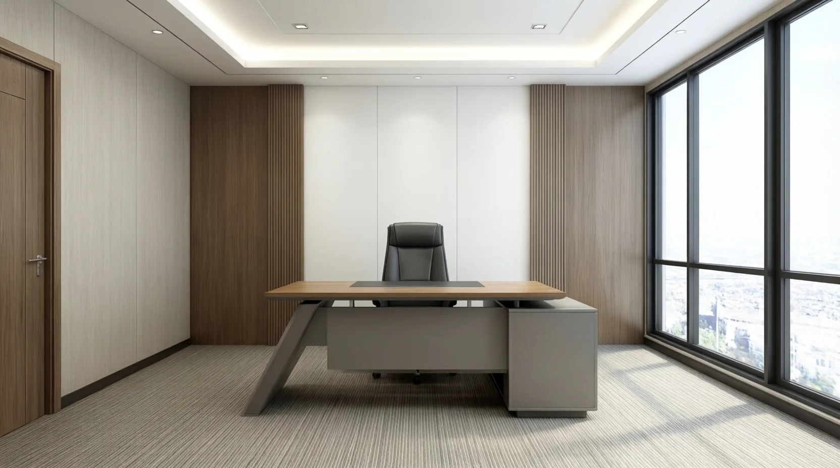 Moderní kancelářské prostředí s minimalistickým nábytkem a přirozeným světlem.